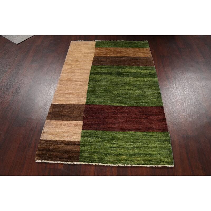 Hand Knotted Oriental 100% Wool Carpet Tribal Contemporary Green Gabbeh (kashkoli) Area Rug - 5' 1'' X 3' 5''