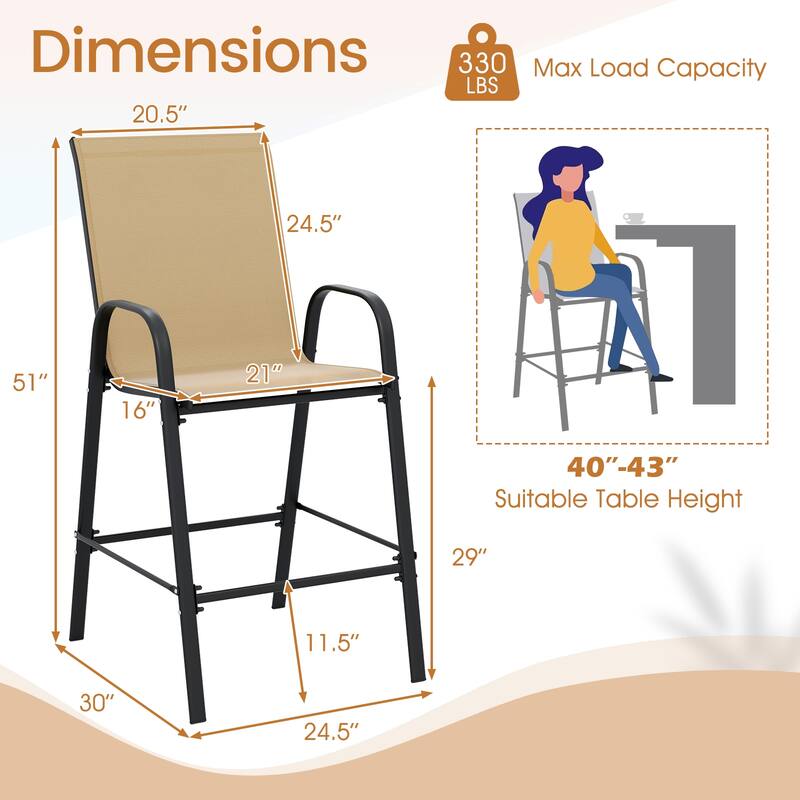 29" Outdoor Bar Stools Set 2 Fabric High Back Chairs with Metal Frame for Decks and Porches - 24.5" x 30" x 51"