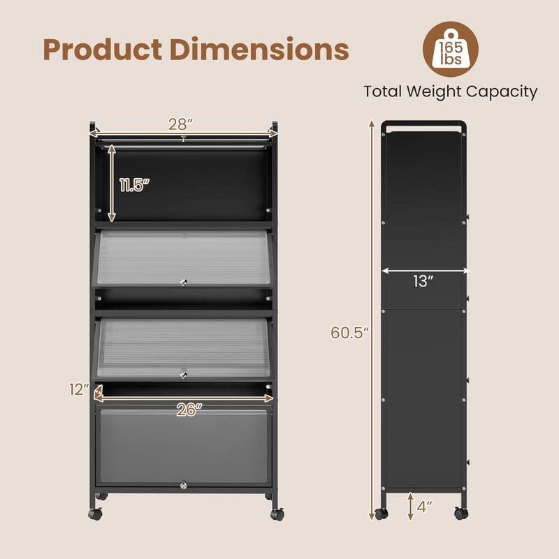 Metal Pantry Storage Cabinet with Flip Doors, Shelves and Casters - 28" x 13" x 62"