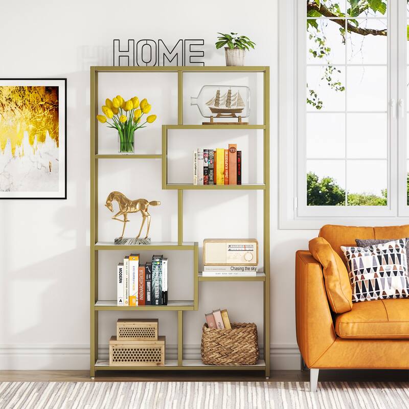 White Gold Bookshelf Bookcase 8-Open Shelf Etagere Bookcase with Faux Marble