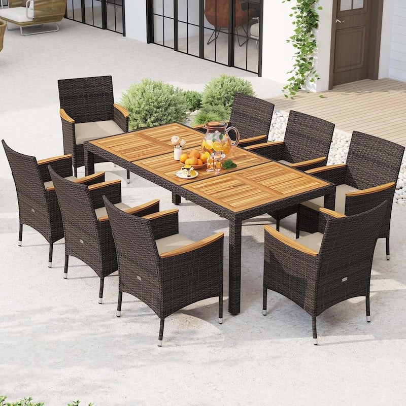 9 PCS Patio PE Wicker Dining Set Outdoor Acacia Wood Table &Chairs Set