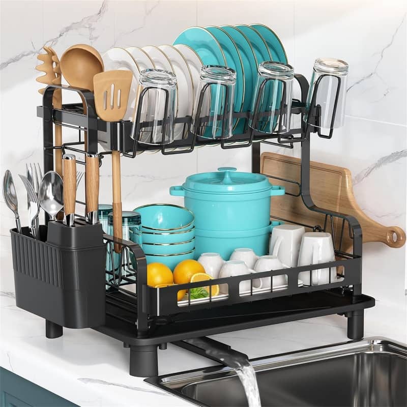 2-Tier Stainless Steel Dish Rack with Utensil Holder