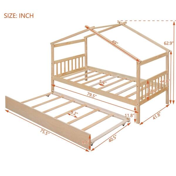 dimension image slide 1 of 4, Twin Size Wooden House Bed with Twin Trundle with Roof for Kids