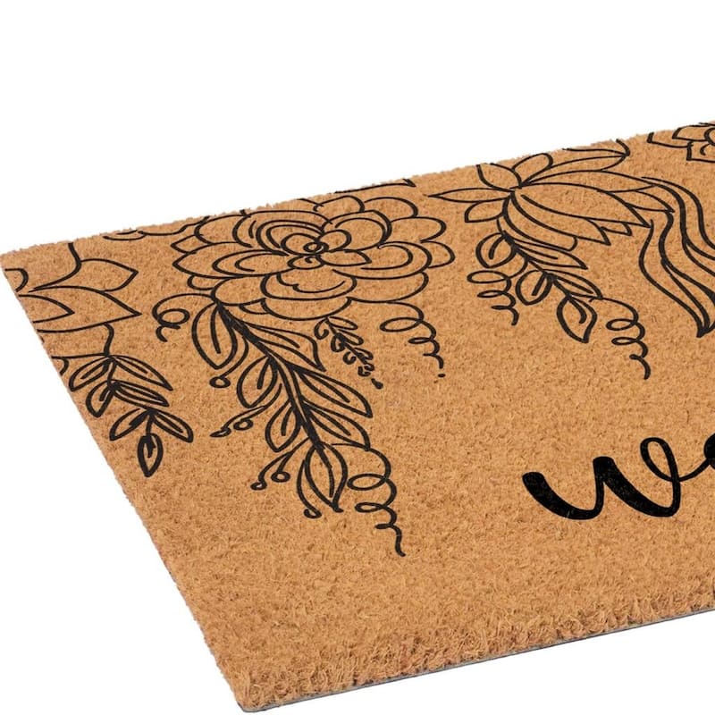 HomeRoots 24" X 36" Brown And Natural Floral Welcome Outdoor Coir Door Mat - 24.00' X '36.00