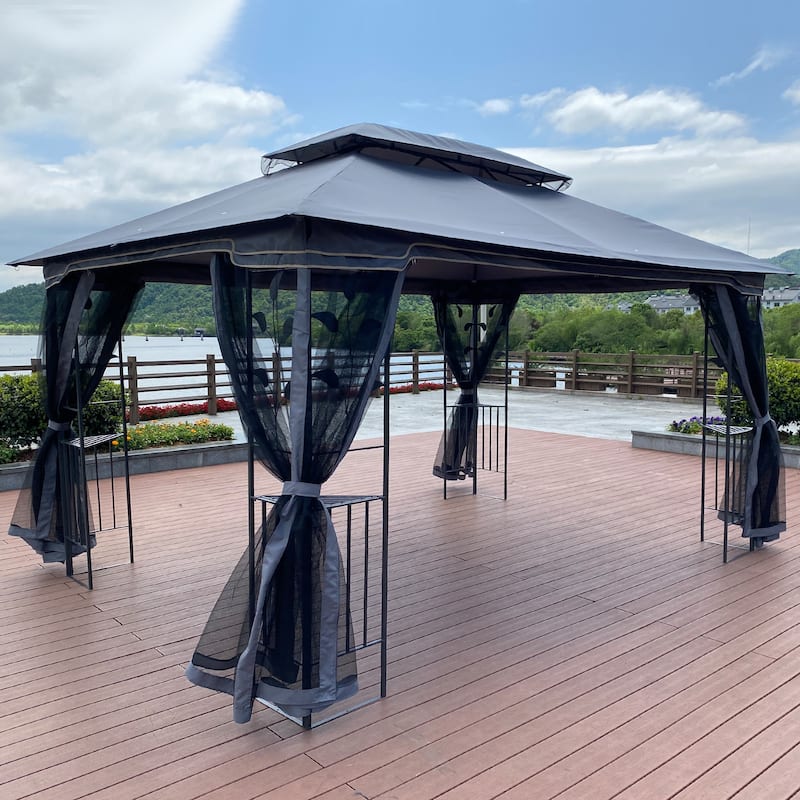 13x10 FT Patio Steel Gazebo, Canopy Tent with Ventilated Double Roof, Mosquito Netting & Privacy Screens for Garden, Backyard