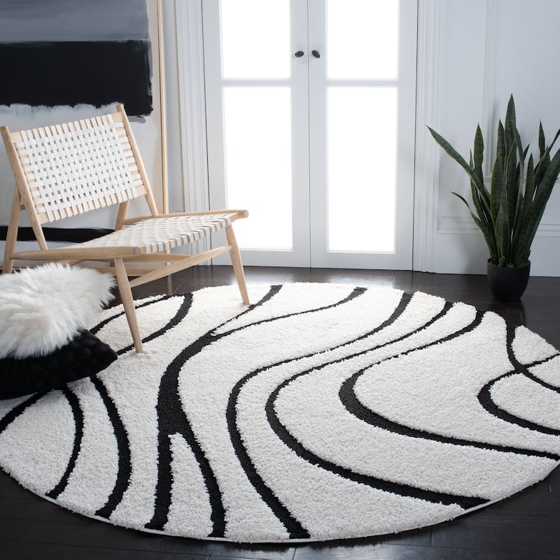 SAFAVIEH Florida Shag Sigtraud Abstract Waves 1.2-inch Thick Rug - 3' Round - Ivory/Black - Round