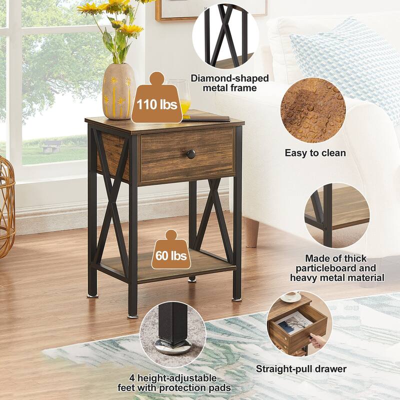 Mid Century Modern End Table with Storage Shelf X-Shaped Sofa End Table with Handle Drawer Felt Padded Legs