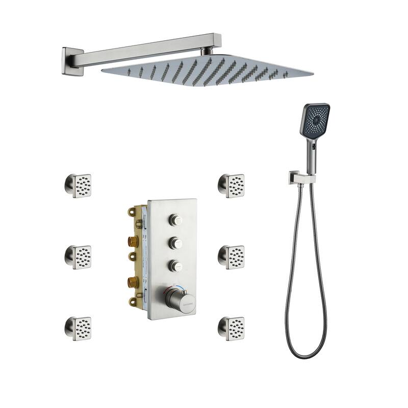 3-Function 12-Inch Wall-Mounted Thermostatic Shower System in Brushed Nickel - Brushed Nickel