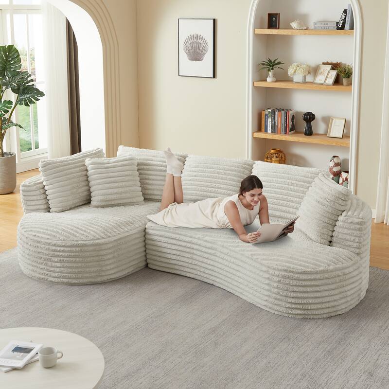 L-Shape Modular Sectional Sofa with Curved Chaise Lounge, Oversized Corduroy Upholstered Sofa, Full Compressed Deep Seat Sofa