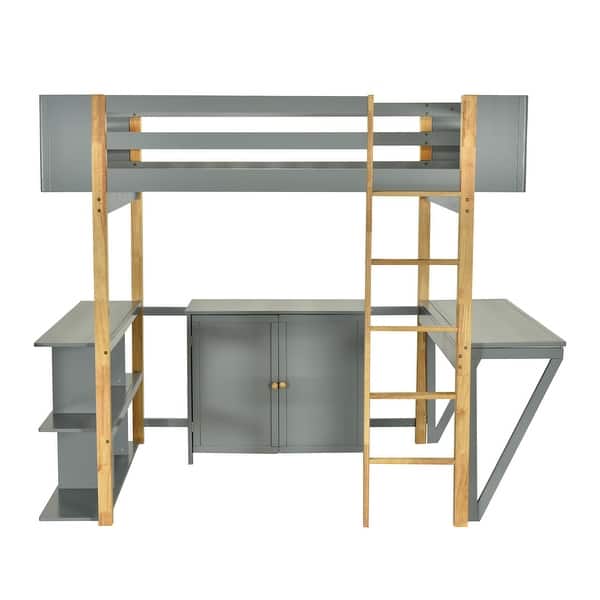 slide 2 of 19, Versatile Full Size Wooden Loft Bed with Foldable Desk,Storage Cabinet and Cubes Gray