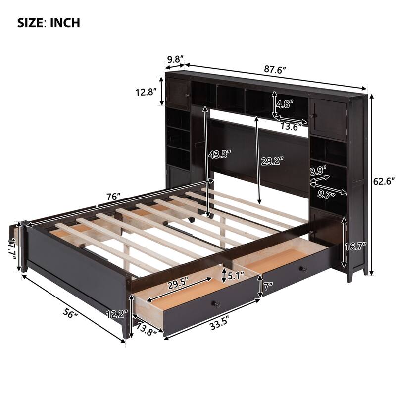 Wooden Bed with Integrated Cabinet and Shelves