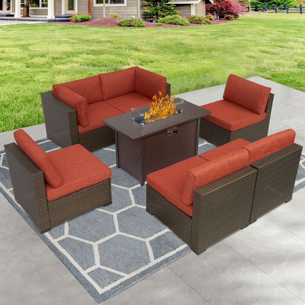 Sun peak Fire Table Set Sectional Outdoor Furniture Propane Firepit Dark Brown Rattan Multi Colors Outdoor Sofa Set a Light Gray Rectangular Table 