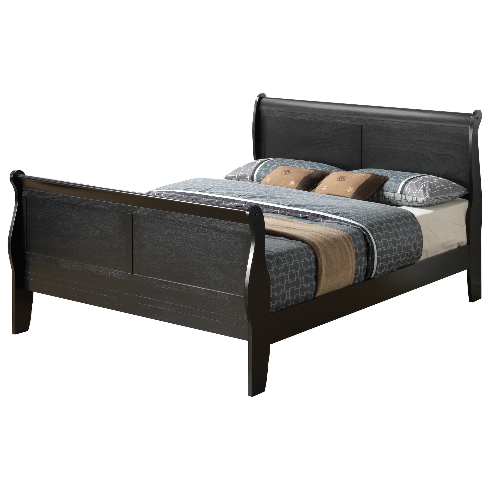 Retro Style Queen Size Wooden Platform Bed,Panel Sleigh Design Headboard and Footboard with Wood Trim