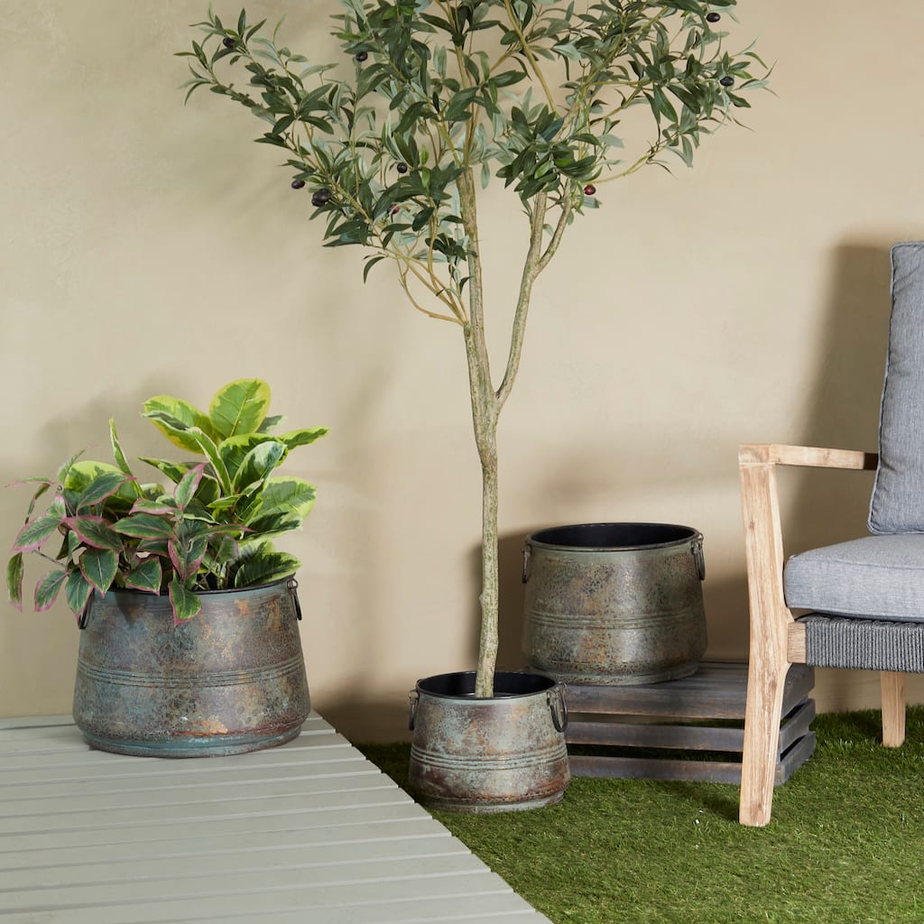 Bronze Metal Distressed Bucket Style Indoor Outdoor Planter with Side Ring Handles (Set of 3)