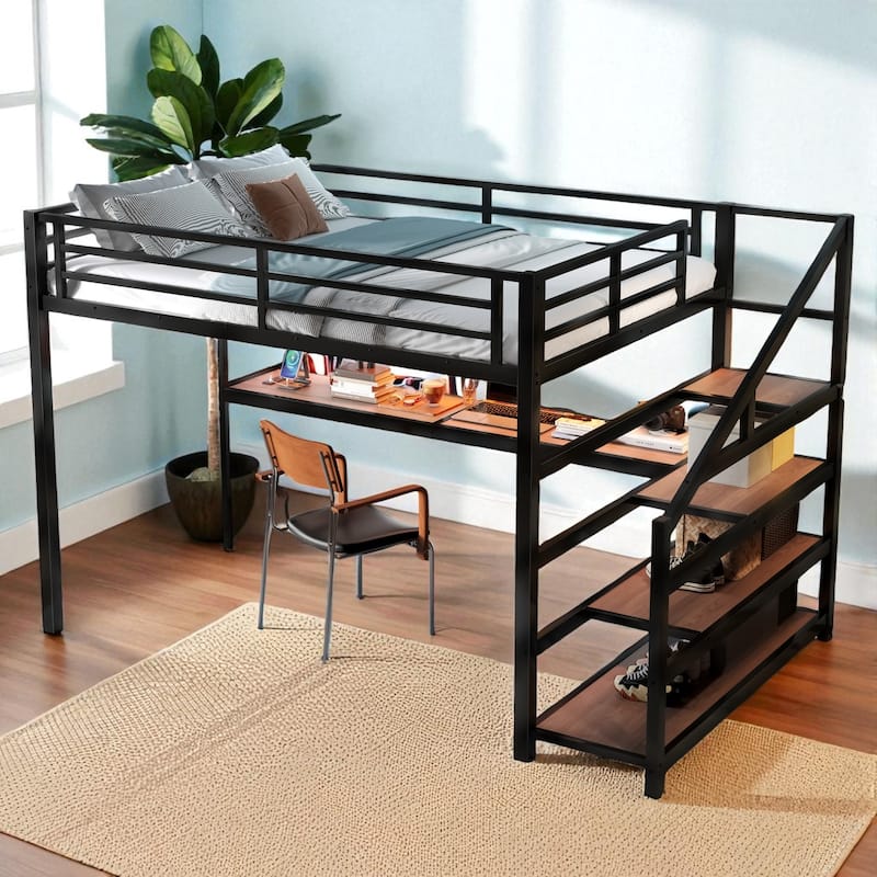 Full/Queen Size Metal Loft Bed with Desk, Storage Stairs, LED Lights, USB Ports and Pegboard, No Box Spring Needed