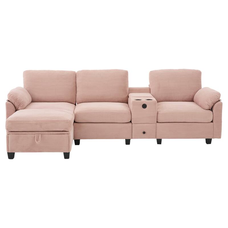 HOMEFUN Corduroy Upholstered L-Shaped 4-seater Storage Multifunctional Sectional Sofa with Storage Ottoman,Cup Holder and USB