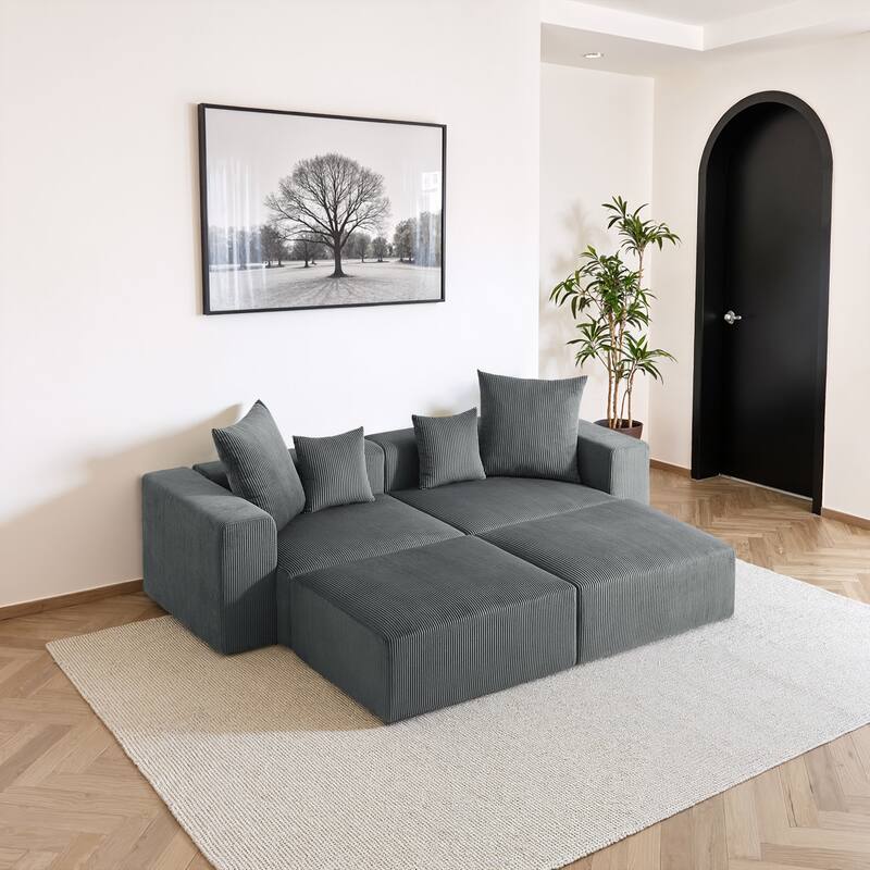 81"W No Assembly Corduroy Modular Sectional Sofa with Ottoman
