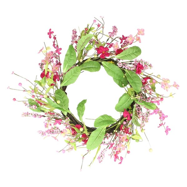 Geranium and Berry Artificial Spring Floral Wreath, Pink and Green 18-Inch - N/A