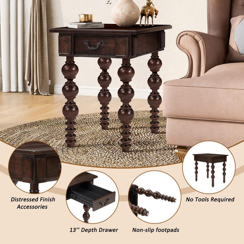 Retro 24" Solid Wood End Table with Drawer Easy Assembly Vintage Narrow Sofa Side Table for Living Room