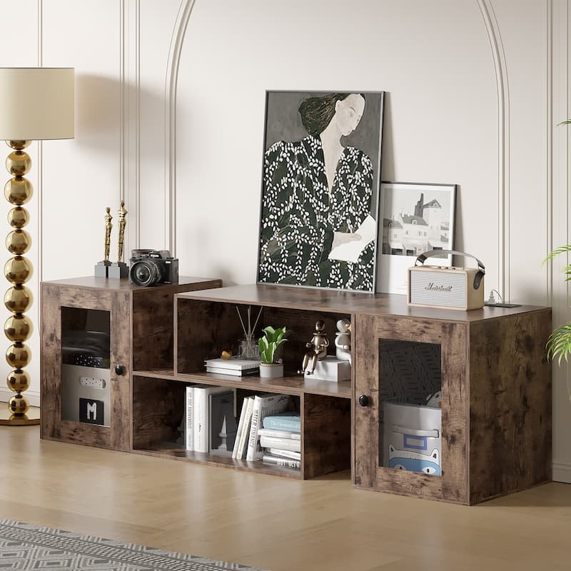 VECELO TV Stand with LED Lights & Power Outlets, Storage Shelves - 55 inches