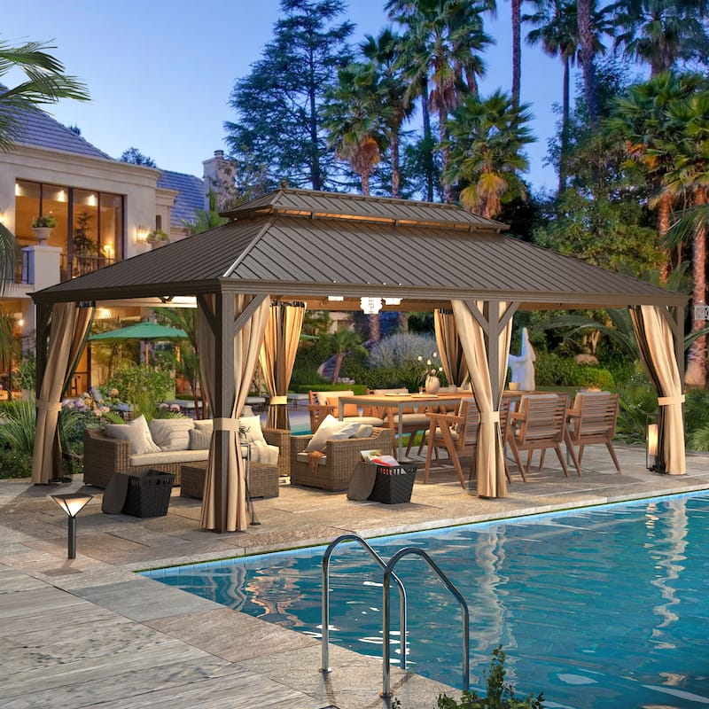 EROMMY 12x24 Aluminum Frame Gazebo Pergola featuring a Galvanized Steel Roof and Vertical Rainwater Diverter