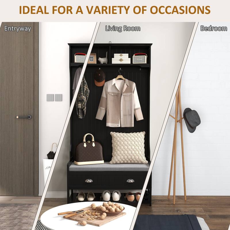 HOMCOM Coat Rack and Bench Hall Tree Organizer with 4 Hooks, 2 Drawers with Padded Seat Cushions for Entryway, Black