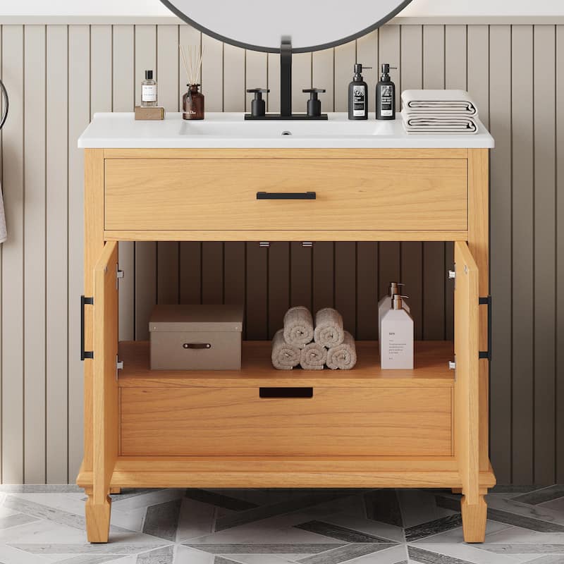 36" Rattan Bathroom Vanity with Ceramic Sink, Modern Bathroom Sink Cabinet with 2 Soft Close Doors and 3 Drawers