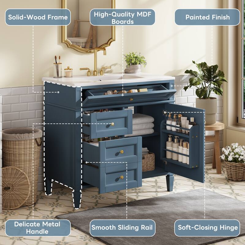 GDFStudio - Carradine Modern Freestanding Bathroom Vanity with Ceramic Sink and 2 Drawers & a Tip-out Drawer - 36'W