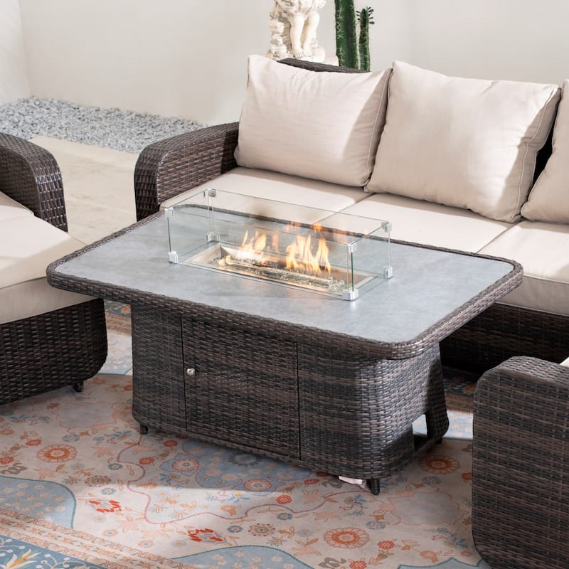 4/5-Piece PE Wicker Outdoor Sofa Set with 50,000 BTU Propane Fire Pit Table