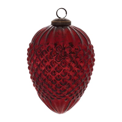 Red Glass Hobnail Cone Ornaments with Brass Cap Set of 2 Holiday Decor - 4.25” x 4.25” x 6.5” (L x W x H)