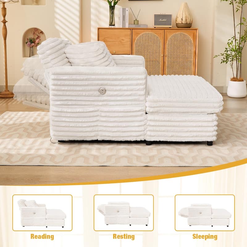 64" Oversized Chaise Lounge Chair Sofa Bed, Corduroy Upholstered Sleeper Chair with Wood Frame, Storage Pockets, Cup Holders