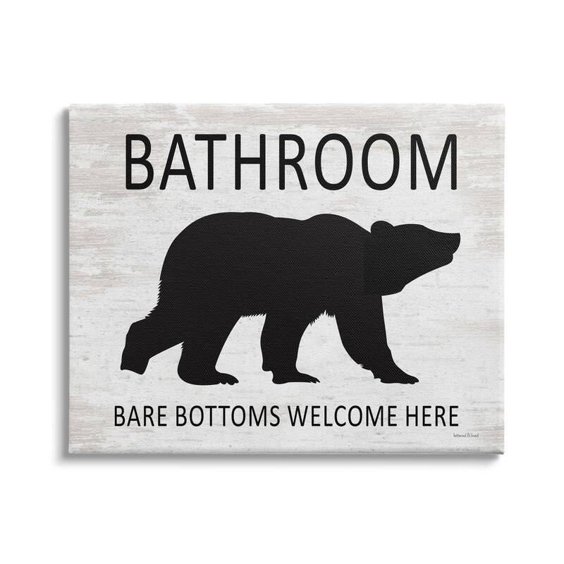 Stupell Bathroom Bare Bottoms Welcome Here Funny Rustic Bear Canvas Wall Art - White - 20 x 16