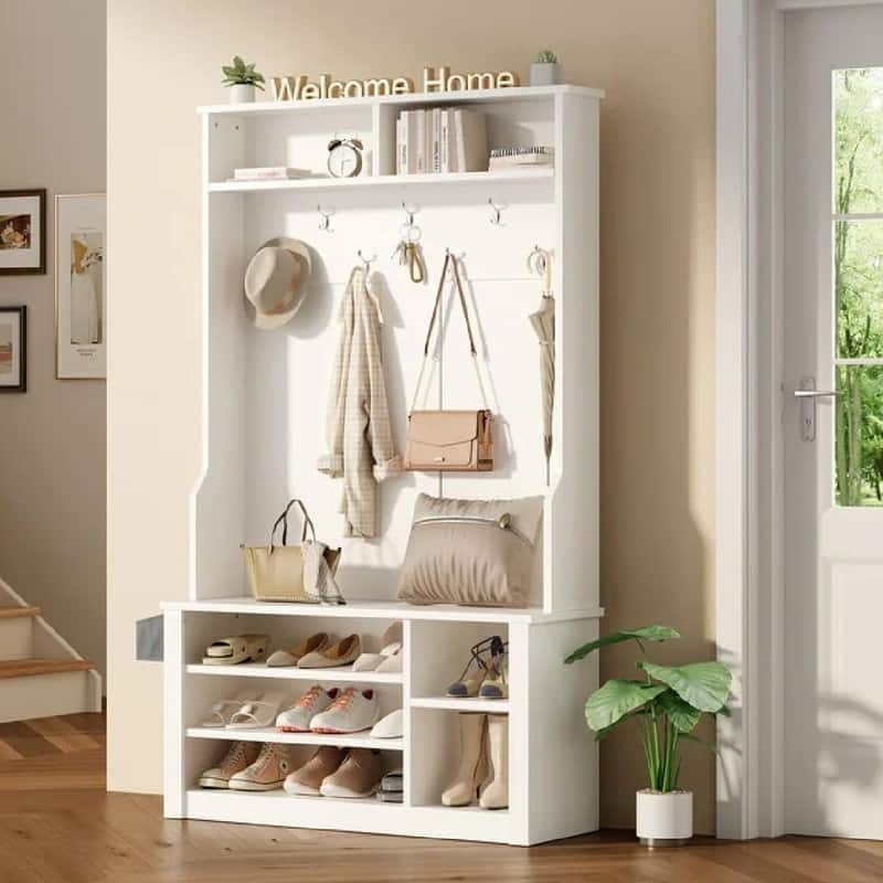 39.37'' W Hall Tree, 3 in 1 Entryway Bench with Coat Rack and Shoe Storage