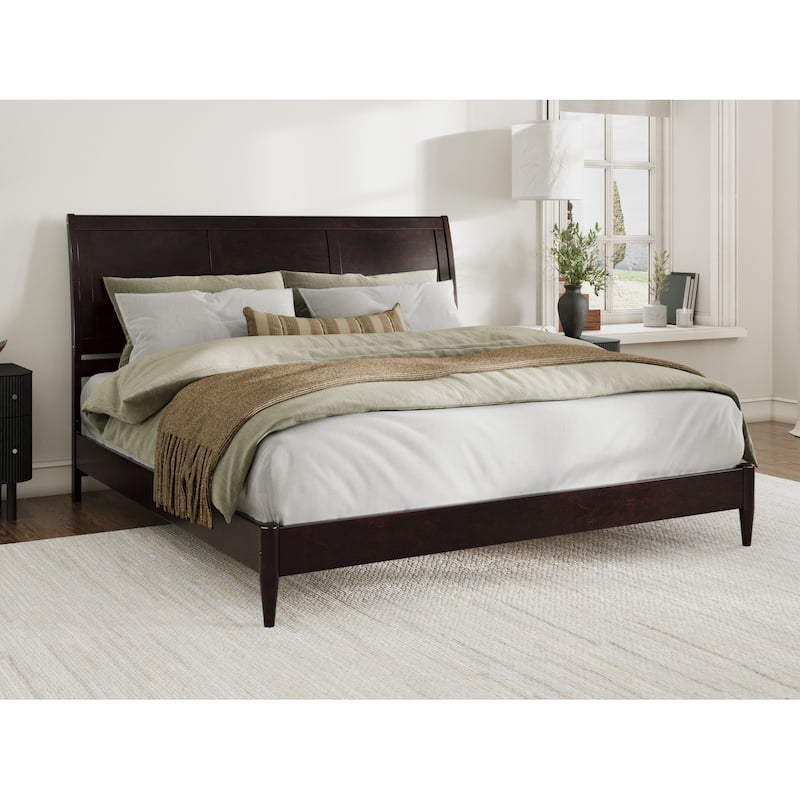 Solid Wood Sleigh Bed - Low Profile Platform Bed Frame - King Size Bed Espresso Finish