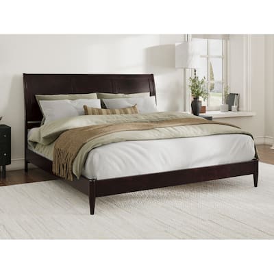 Solid Wood Sleigh Bed - Low Profile Platform Bed Frame - King Size Bed Espresso Finish