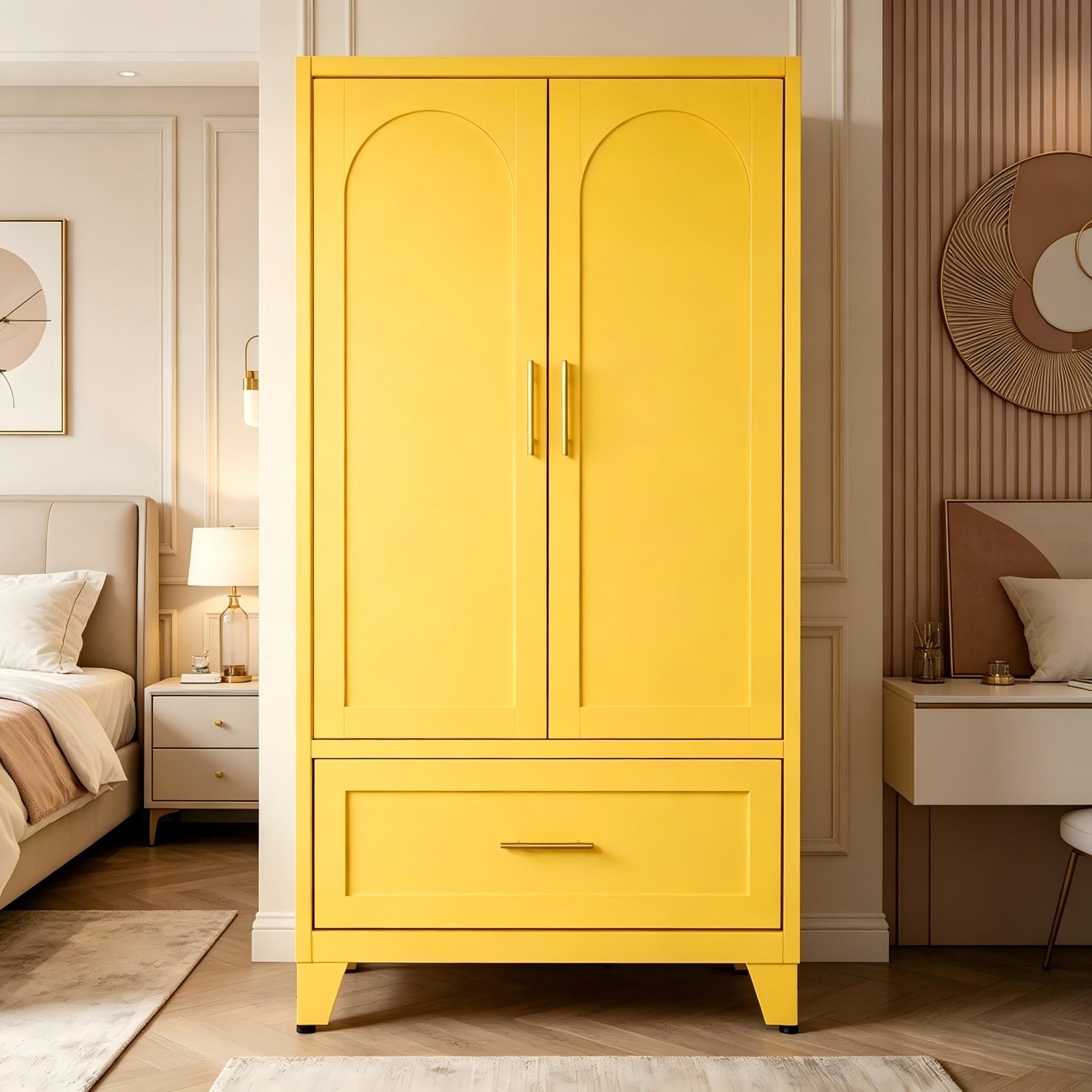 Modern 60.16" Tall Metal Wardrobe Cabinet with Hanging Rod, Large Drawer & Adjustable Shelf by GDFStudio
