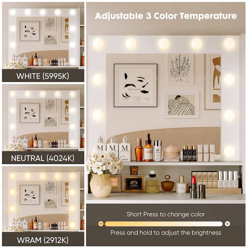 Vanity Desk with Mirror and Lights, Power Outlet & 11 Lights, Makeup Vanity Desk 3 Color Modes & Adjustable Brightness NEW