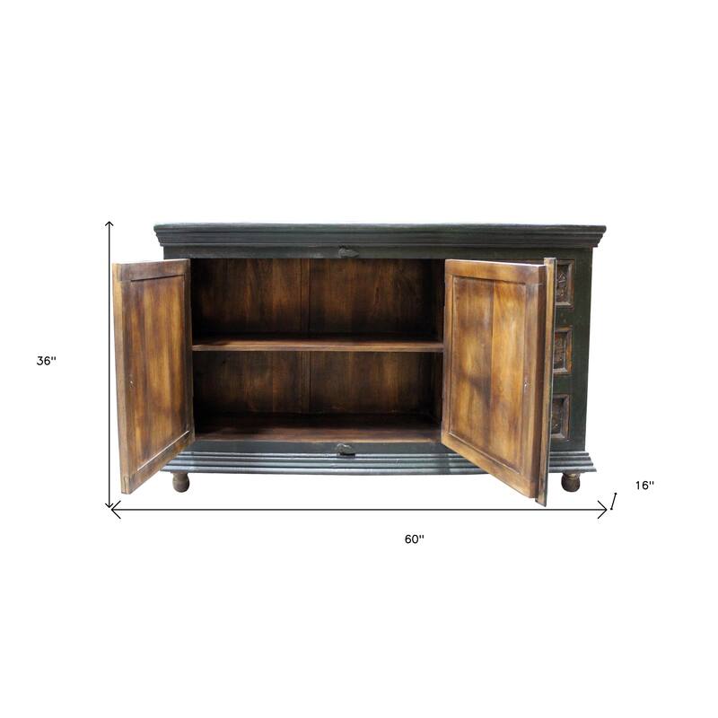 HomeRoots 60" Dark Brown and Green Solid Wood Three Drawer Buffet Table with Two Doors - 60.00 in. x 36.00 in. x 16.00 in.