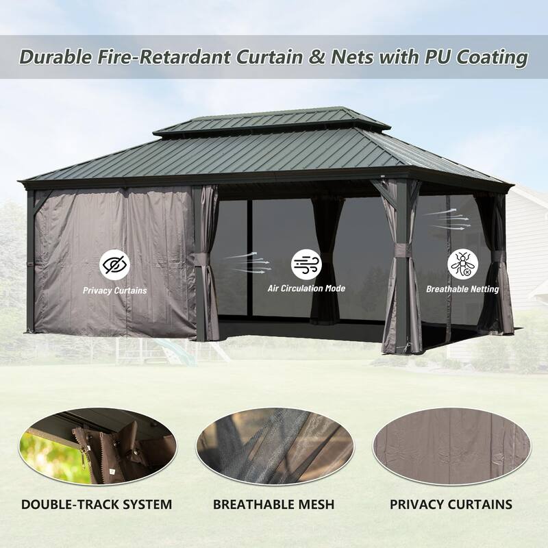 12' X 18' Hardtop Gazebo with Galvanized Steel Double Roof, Aluminum Frame, Curtains and Netting for Patio, Deck, Garden, Grey