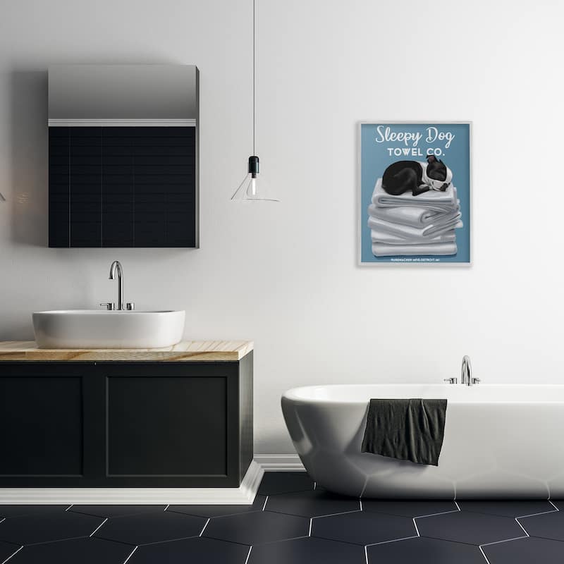 Stupell Sleepy Dog Towel Co. Adorable Boston Terrier Bathroom Framed Wall Art