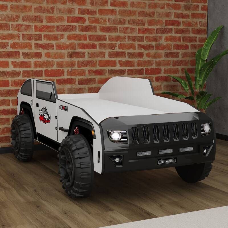 Furniture of America Keanu Modern White Twin Off-Road Style Platform Bed with LED Headlights