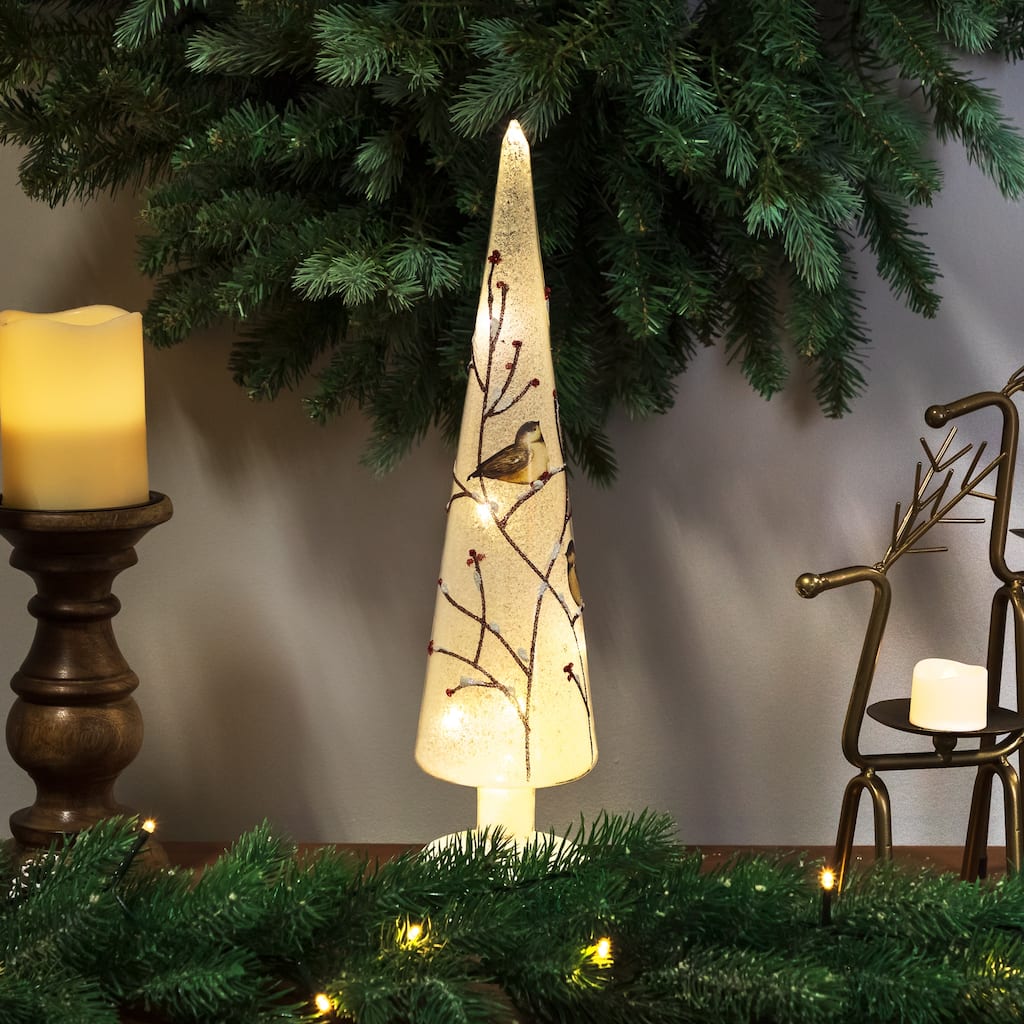 LED Lighted Birds on Branches Frosted Glass Cone Christmas TreeDecoration - 16"