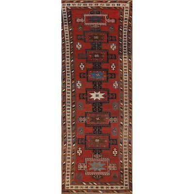 Hand Knotted Oriental 100% Wool Carpet Traditional Tribal Red Kazak Runner Rug - 13' 3'' X 3' 10''