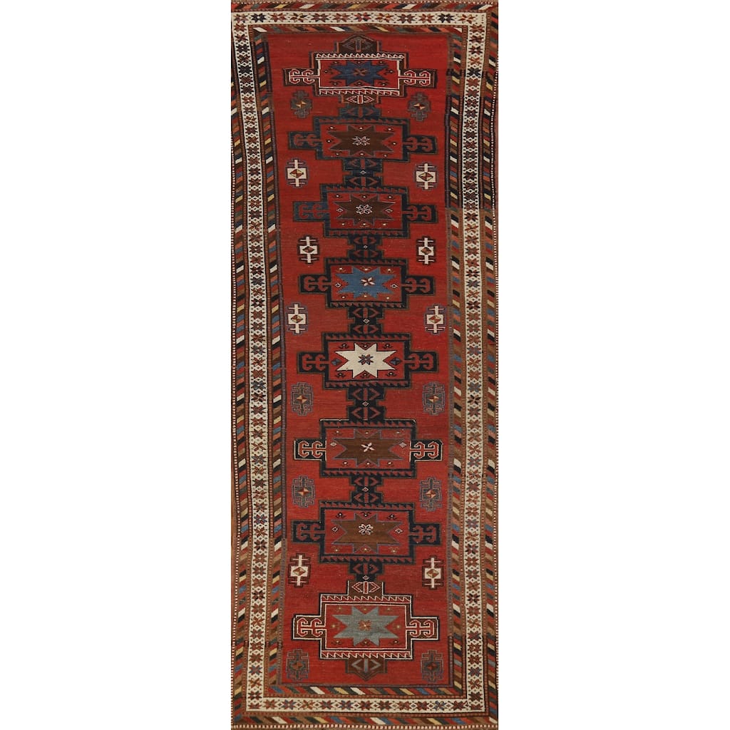 Hand Knotted Oriental 100% Wool Carpet Traditional Tribal Red Kazak Runner Rug - 13' 3'' X 3' 10''