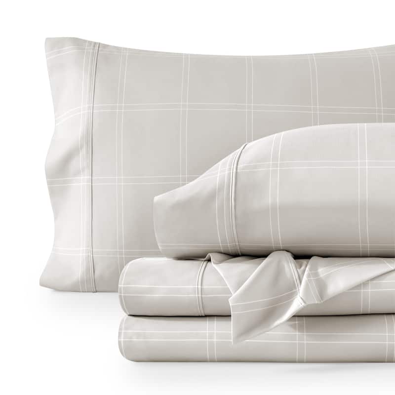 Bare Home Double Brushed Deep Pocket Printed Sheet Set - Twin - Modern Plaid - Stone/White