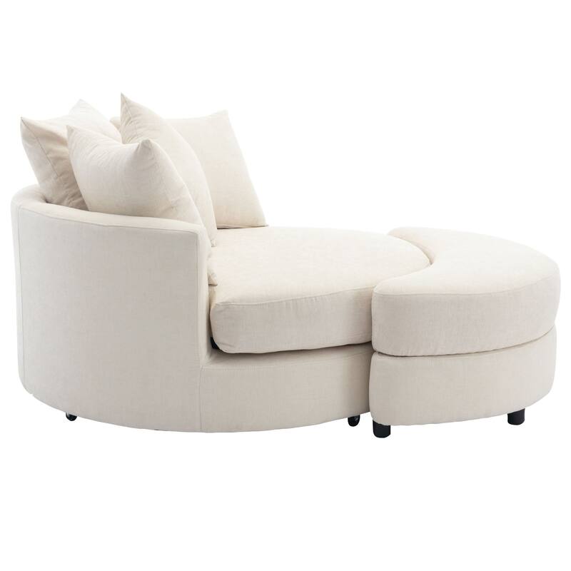 Roomfitters Modern 360° Swivel Barrel Chair with Hidden Storage Ottoman, Chenille Upholstery and Four Pillows
