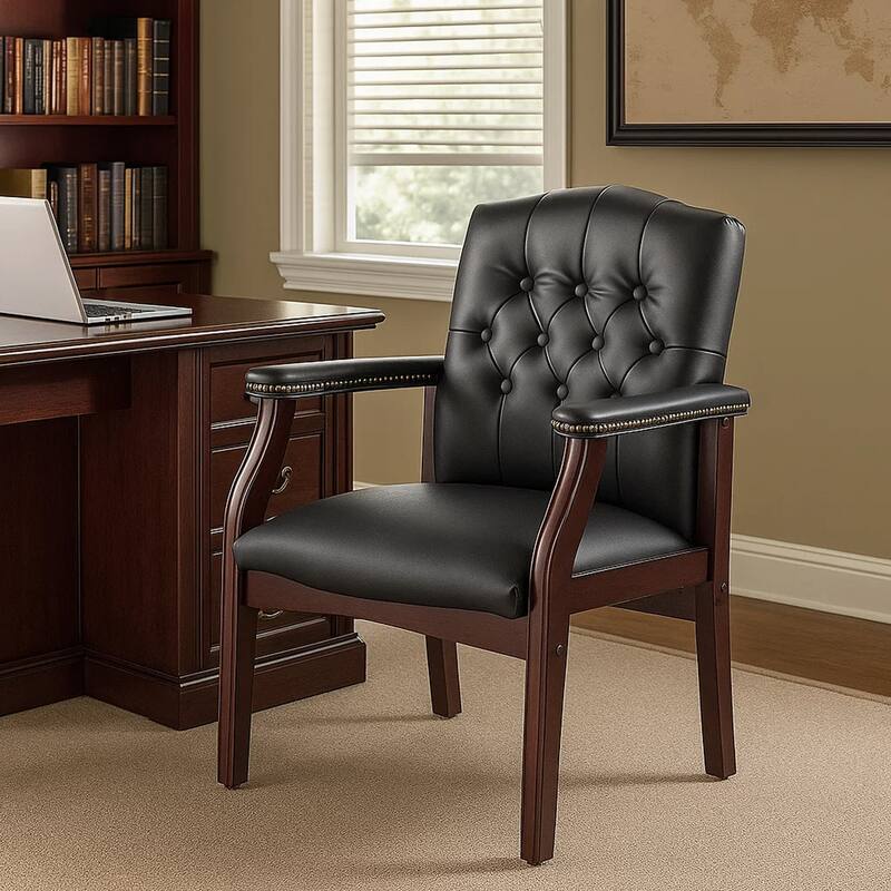 Koe Classic Reception Guest Armchair, Black Vinyl Tufted Back, Wood Legs