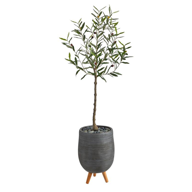 Artificial Olive Tree 4.5ft Indoor Plant with Gray Planter and Stand - Green - 41-50 Inches
