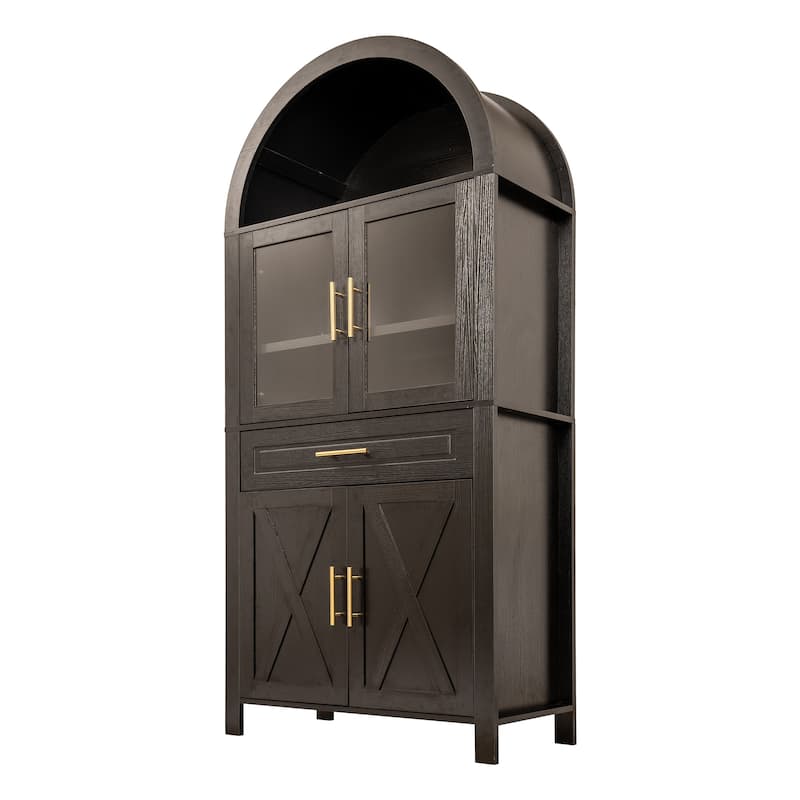 Arched Kitchen Pantry Cabinet with Glass Door, Farmhouse 71" Storage Cabinet with Adjustable Shelves & Barn Door Design