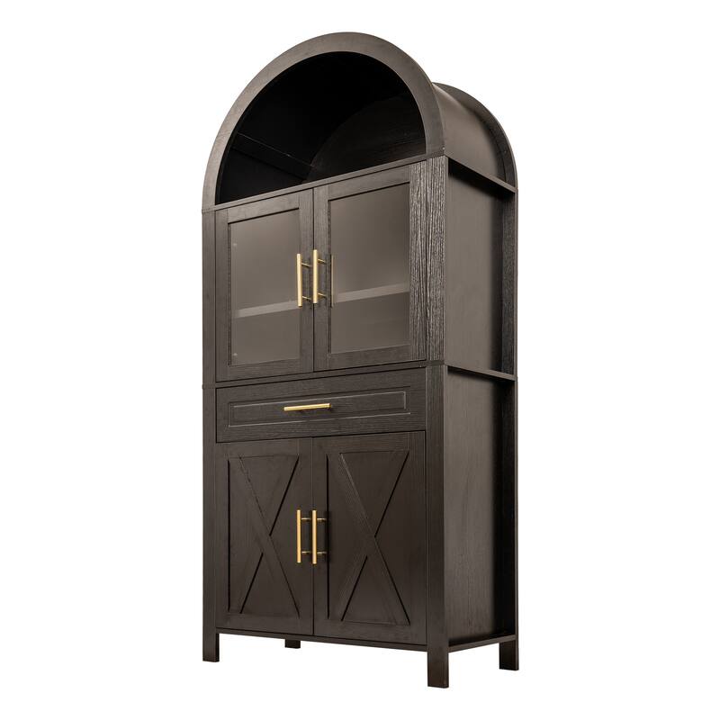 Roomfitters 71" Tall Arched Farmhouse Pantry Cabinet with Glass Barn Doors & Pull-Out Drawer